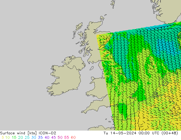 Surface wind ICON-D2 Tu 14.05.2024 00 UTC