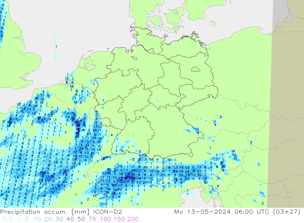 Precipitation accum. ICON-D2 пн 13.05.2024 06 UTC