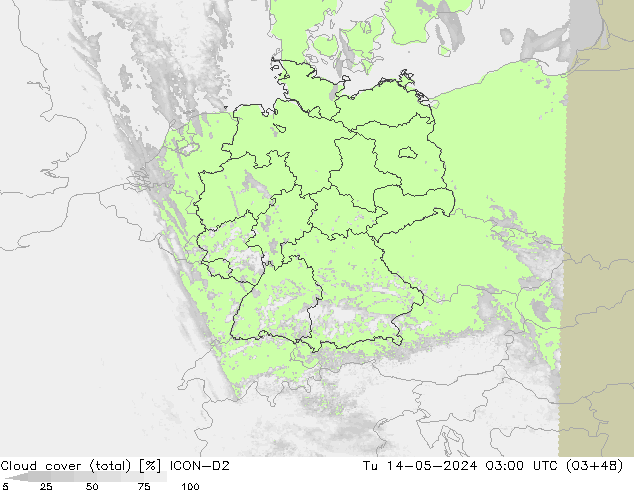 Nubi (totali) ICON-D2 mar 14.05.2024 03 UTC