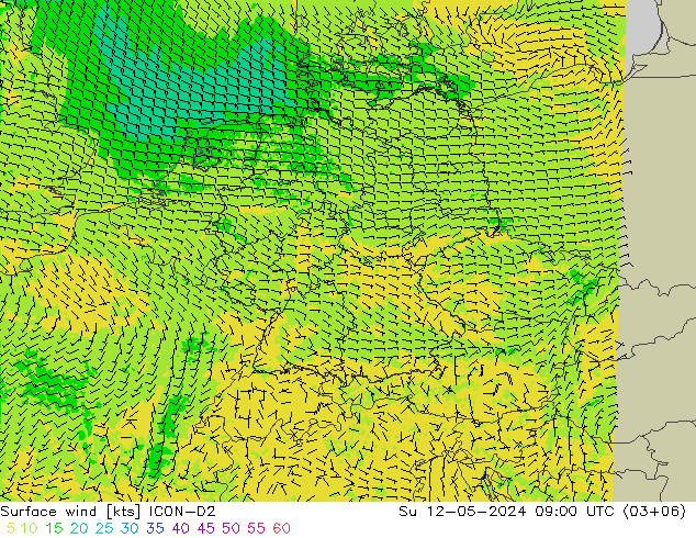 Rüzgar 10 m ICON-D2 Paz 12.05.2024 09 UTC