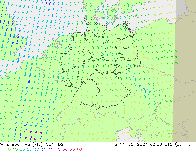 Wind 850 hPa ICON-D2 Di 14.05.2024 03 UTC