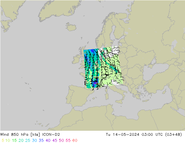 Wind 850 hPa ICON-D2 Di 14.05.2024 03 UTC