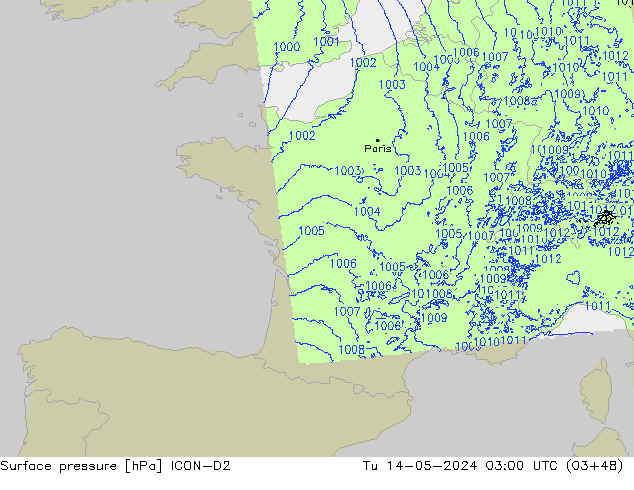 Atmosférický tlak ICON-D2 Út 14.05.2024 03 UTC