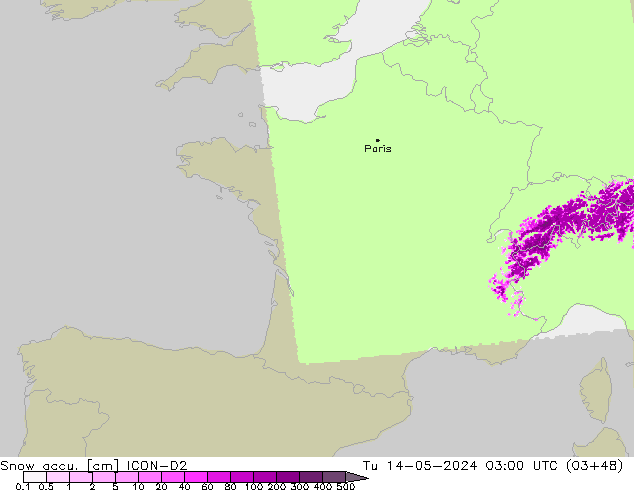 Snow accu. ICON-D2 Tu 14.05.2024 03 UTC
