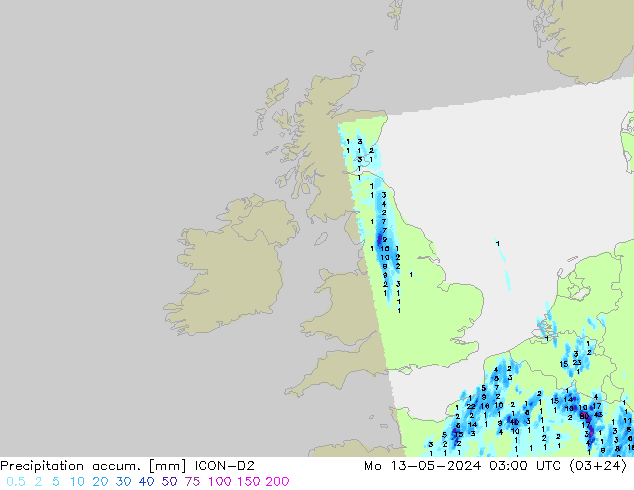 Precipitation accum. ICON-D2 Seg 13.05.2024 03 UTC