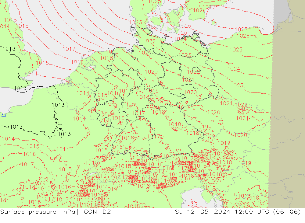 Luchtdruk (Grond) ICON-D2 zo 12.05.2024 12 UTC