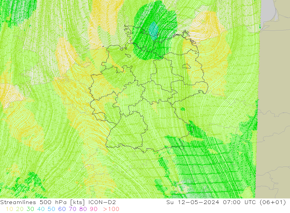 Rüzgar 500 hPa ICON-D2 Paz 12.05.2024 07 UTC