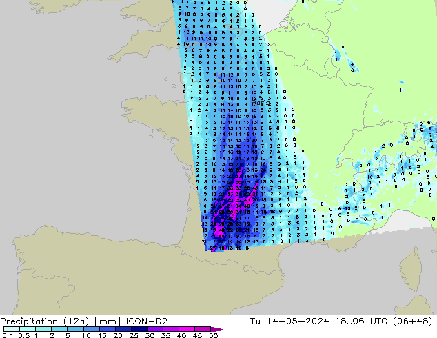Precipitazione (12h) ICON-D2 mar 14.05.2024 06 UTC