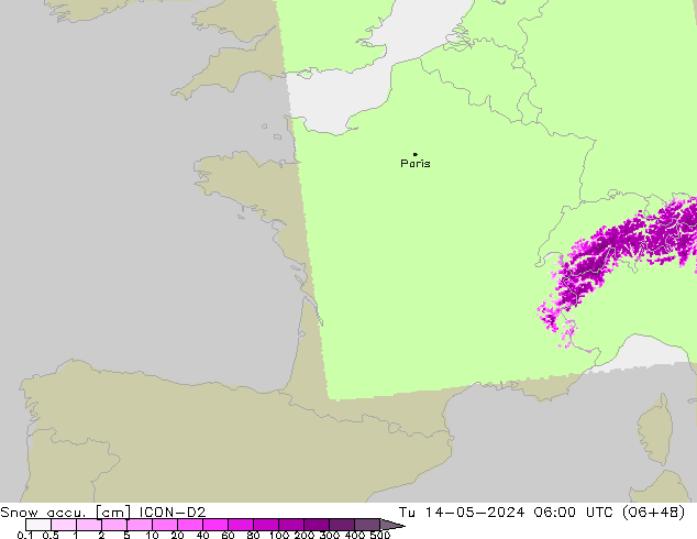 Глубина снега ICON-D2 вт 14.05.2024 06 UTC