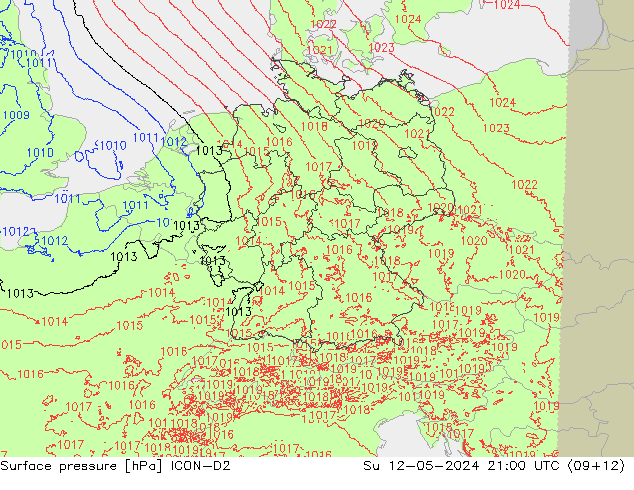 Atmosférický tlak ICON-D2 Ne 12.05.2024 21 UTC