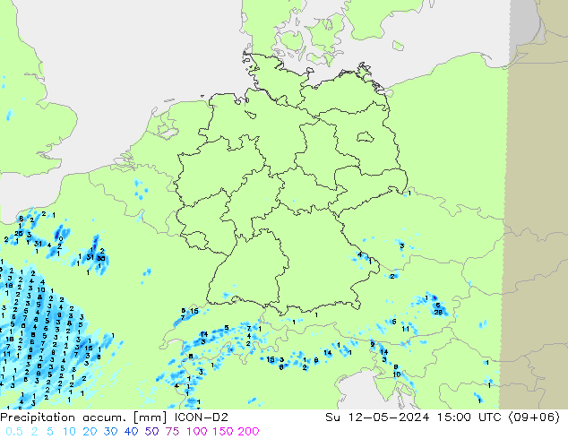 Precipitation accum. ICON-D2 星期日 12.05.2024 15 UTC