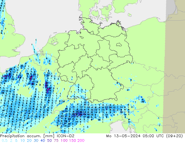 Precipitation accum. ICON-D2 星期一 13.05.2024 05 UTC