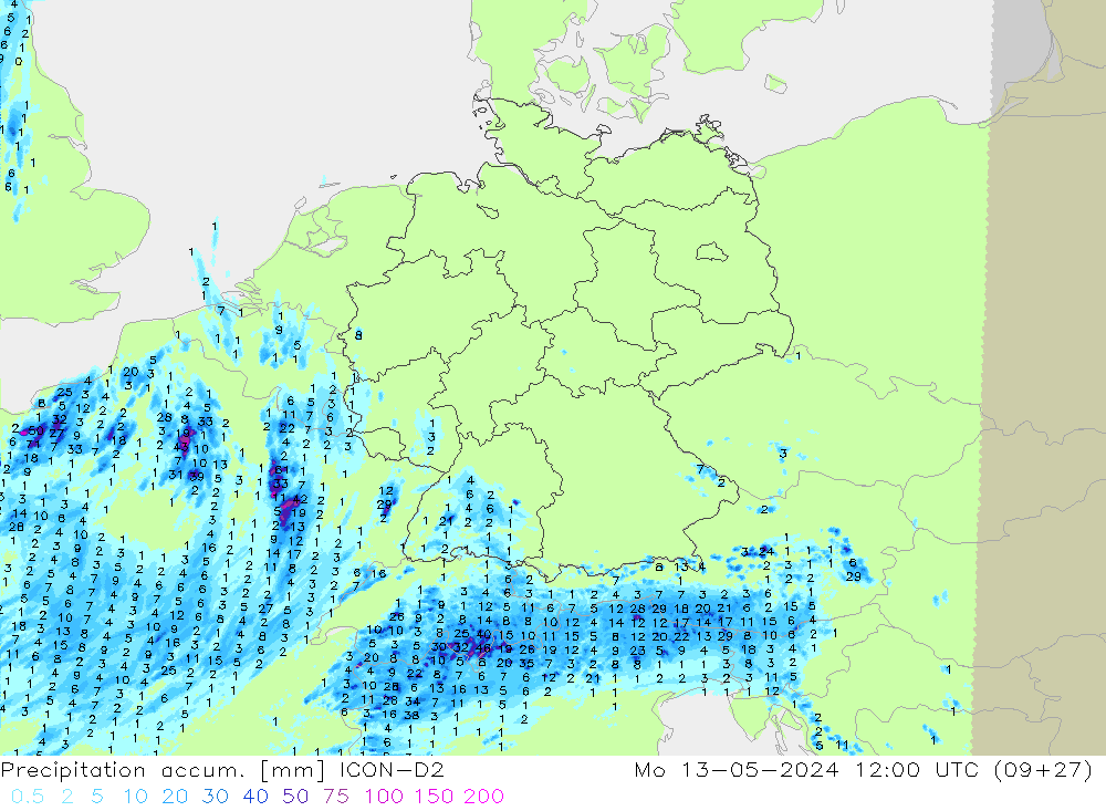 Precipitation accum. ICON-D2 pon. 13.05.2024 12 UTC