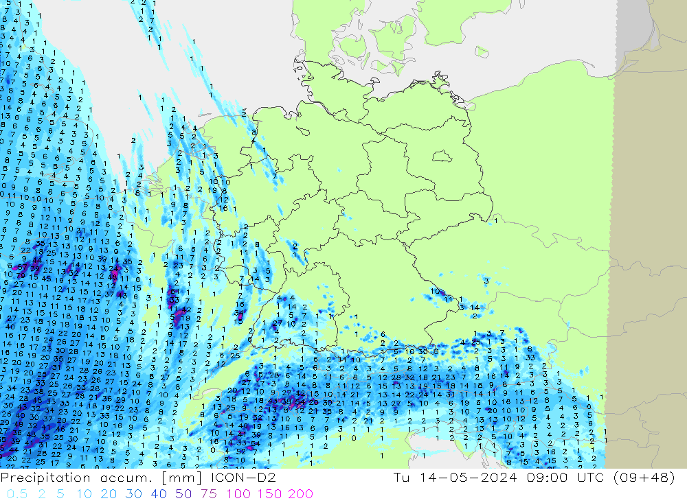 Precipitation accum. ICON-D2 вт 14.05.2024 09 UTC