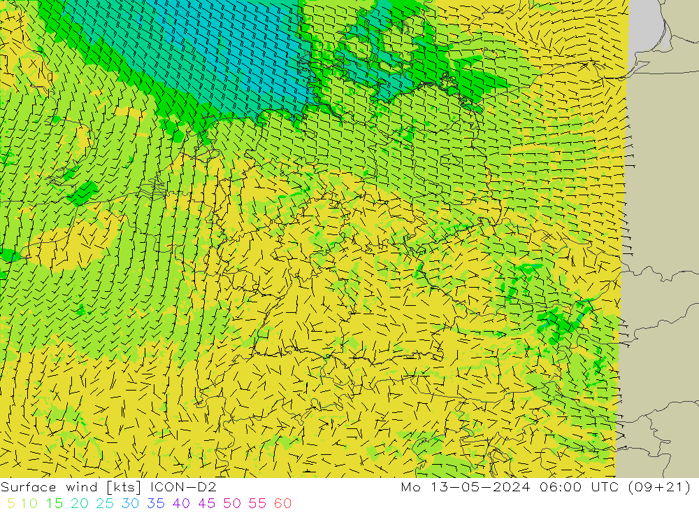 Rüzgar 10 m ICON-D2 Pzt 13.05.2024 06 UTC