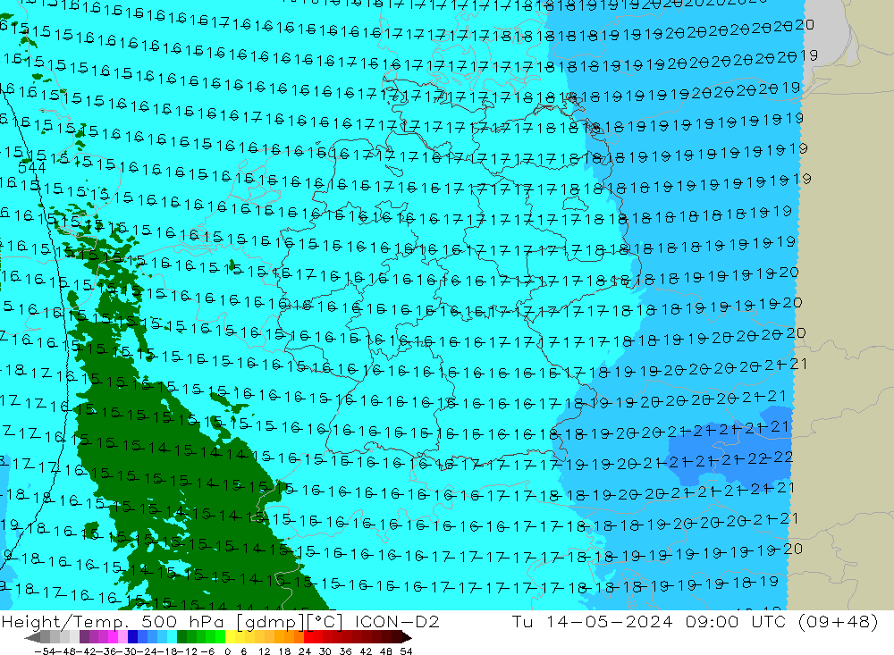 Height/Temp. 500 hPa ICON-D2 Di 14.05.2024 09 UTC