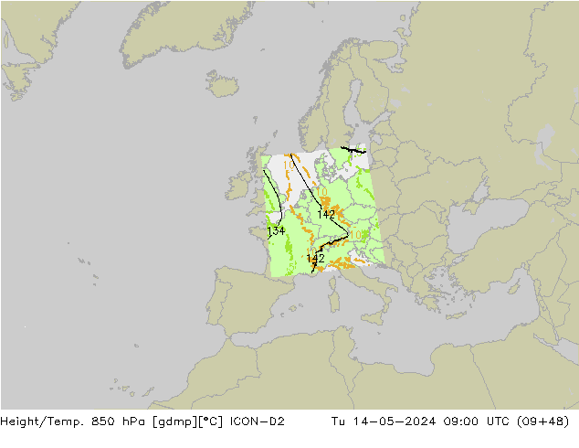Geop./Temp. 850 hPa ICON-D2 mar 14.05.2024 09 UTC