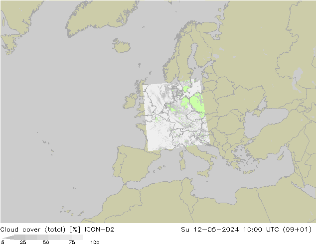Cloud cover (total) ICON-D2 Su 12.05.2024 10 UTC