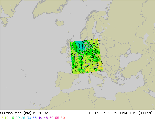 Surface wind ICON-D2 Út 14.05.2024 09 UTC