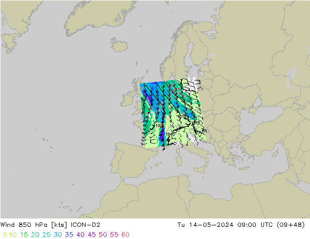 Vento 850 hPa ICON-D2 mar 14.05.2024 09 UTC