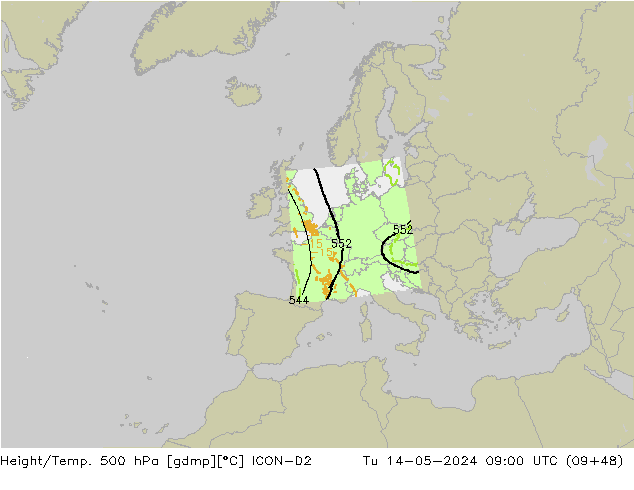 Géop./Temp. 500 hPa ICON-D2 mar 14.05.2024 09 UTC