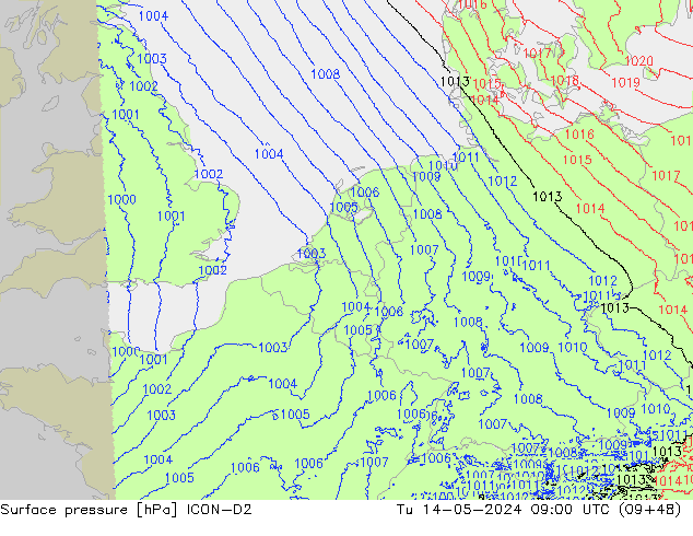 Surface pressure ICON-D2 Tu 14.05.2024 09 UTC