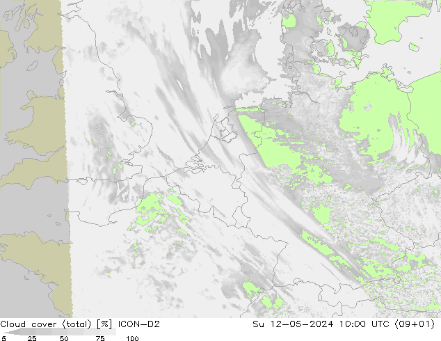 Cloud cover (total) ICON-D2 Su 12.05.2024 10 UTC