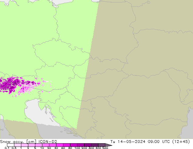 Snow accu. ICON-D2 Tu 14.05.2024 09 UTC