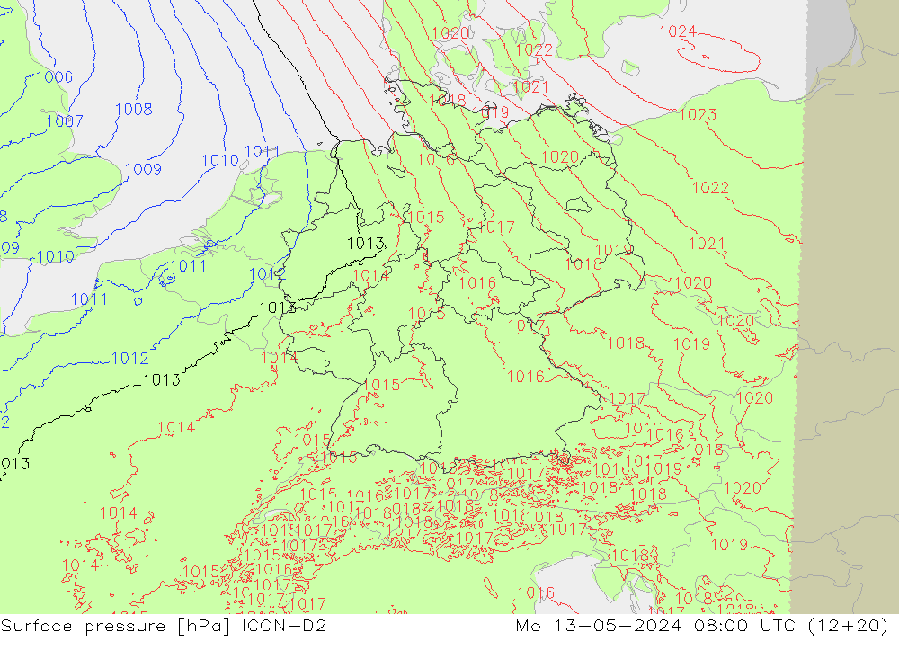 地面气压 ICON-D2 星期一 13.05.2024 08 UTC