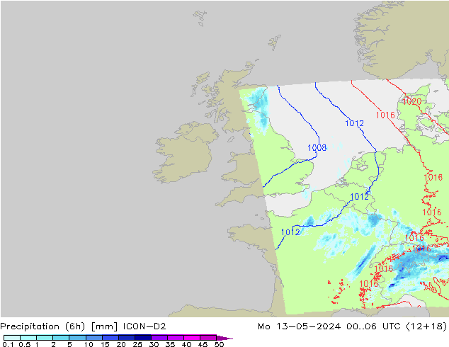 Precipitation (6h) ICON-D2 Mo 13.05.2024 06 UTC