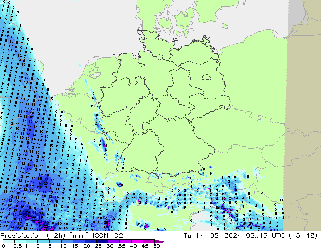 Precipitation (12h) ICON-D2 Tu 14.05.2024 15 UTC
