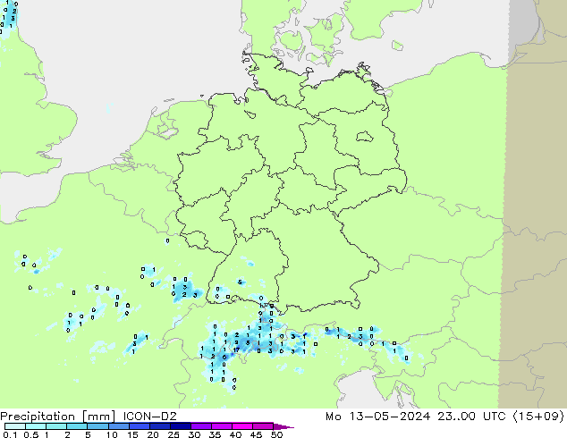 Precipitazione ICON-D2 lun 13.05.2024 00 UTC