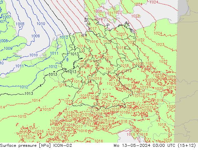 Atmosférický tlak ICON-D2 Po 13.05.2024 03 UTC