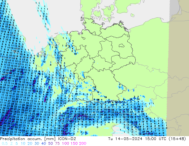 Precipitation accum. ICON-D2 Tu 14.05.2024 15 UTC