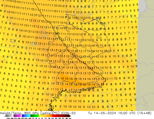 Height/Temp. 850 hPa ICON-D2  14.05.2024 15 UTC