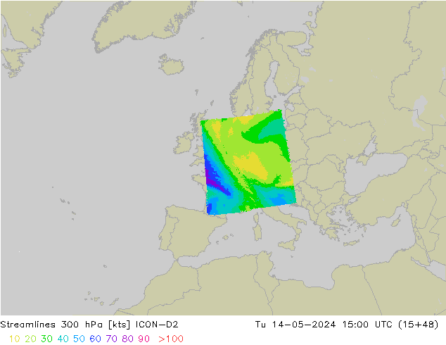 Línea de corriente 300 hPa ICON-D2 mar 14.05.2024 15 UTC