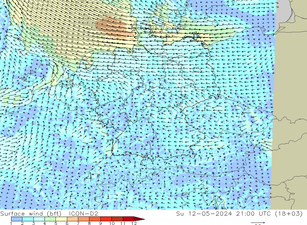 Surface wind (bft) ICON-D2 Su 12.05.2024 21 UTC