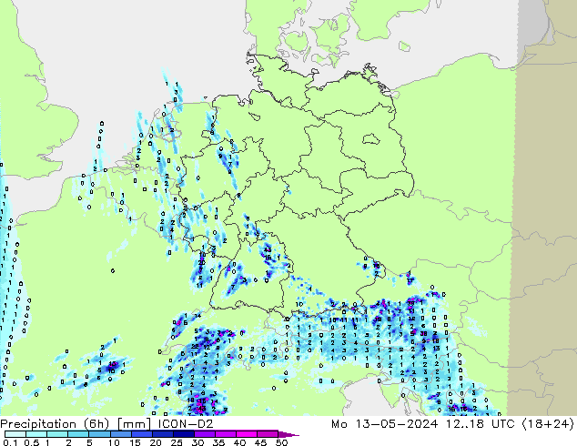 降水量 (6h) ICON-D2 星期一 13.05.2024 18 UTC