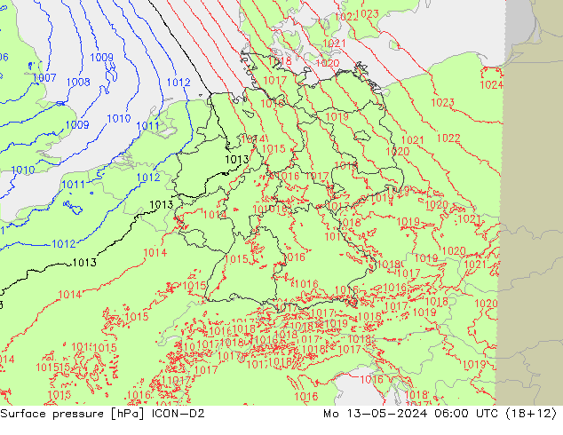 Atmosférický tlak ICON-D2 Po 13.05.2024 06 UTC