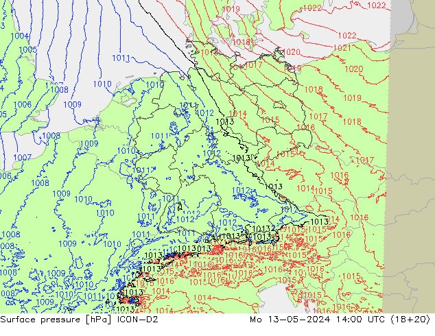 地面气压 ICON-D2 星期一 13.05.2024 14 UTC