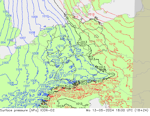 地面气压 ICON-D2 星期一 13.05.2024 18 UTC