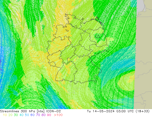 Streamlines 300 hPa ICON-D2 Út 14.05.2024 03 UTC