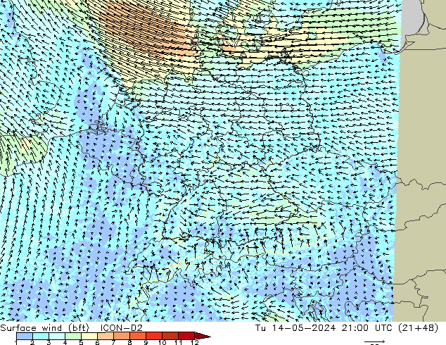 Surface wind (bft) ICON-D2 Út 14.05.2024 21 UTC