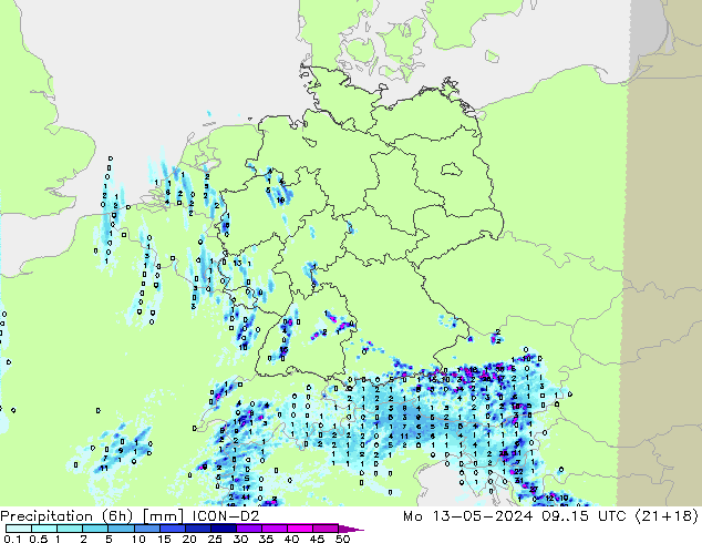 Precipitation (6h) ICON-D2 Mo 13.05.2024 15 UTC