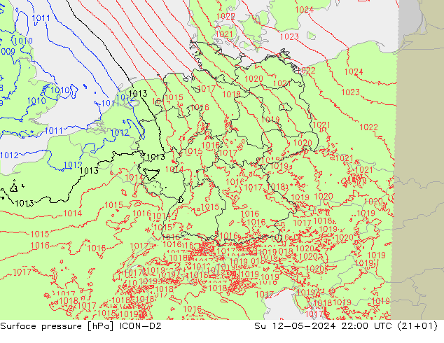 Surface pressure ICON-D2 Su 12.05.2024 22 UTC