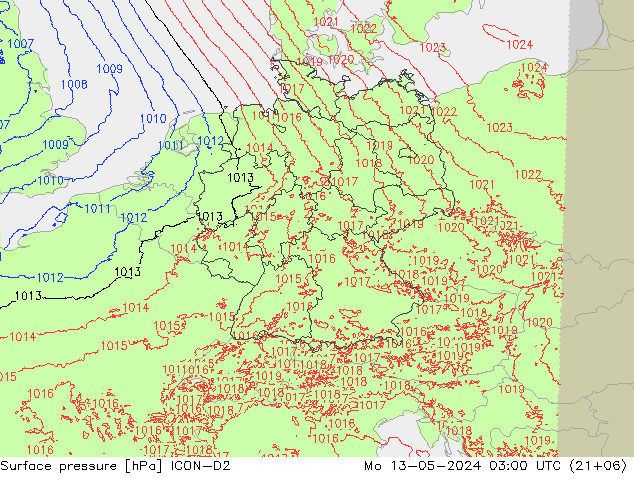 地面气压 ICON-D2 星期一 13.05.2024 03 UTC