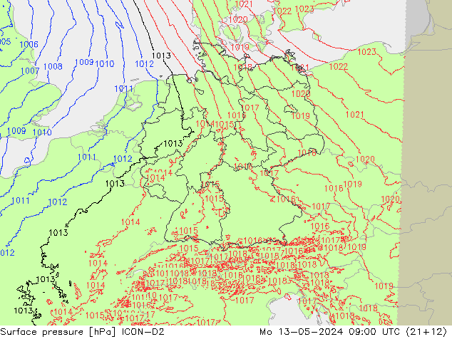 Atmosférický tlak ICON-D2 Po 13.05.2024 09 UTC