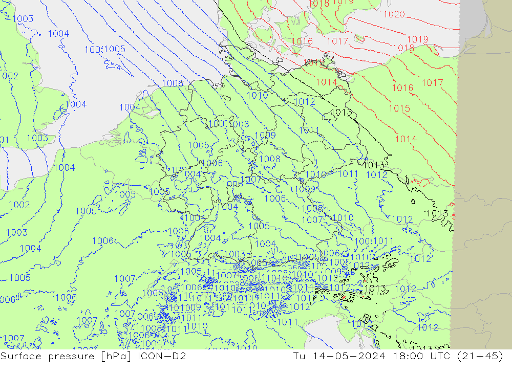 Surface pressure ICON-D2 Tu 14.05.2024 18 UTC