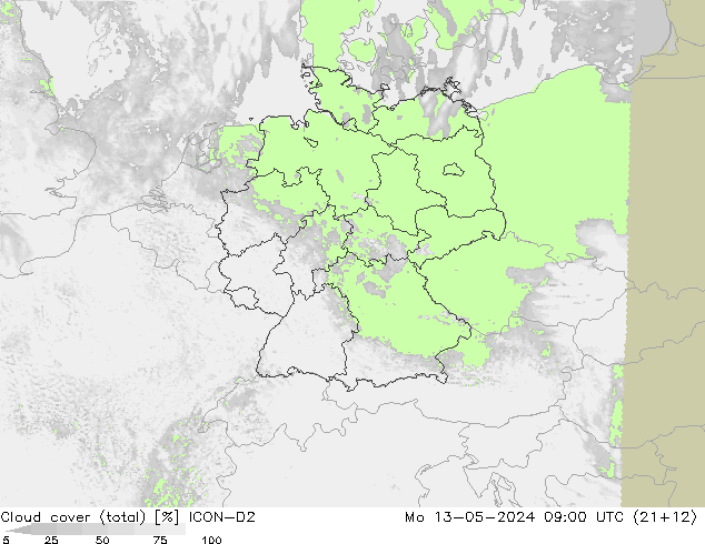 Cloud cover (total) ICON-D2 Mo 13.05.2024 09 UTC