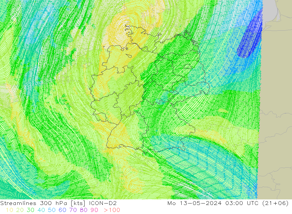 风 300 hPa ICON-D2 星期一 13.05.2024 03 UTC